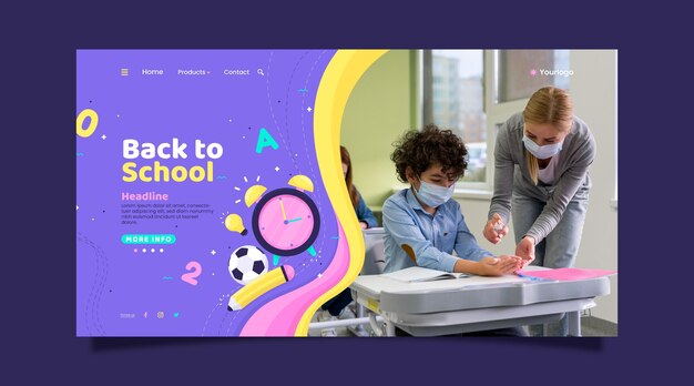 Flat back to school landing page template with photo