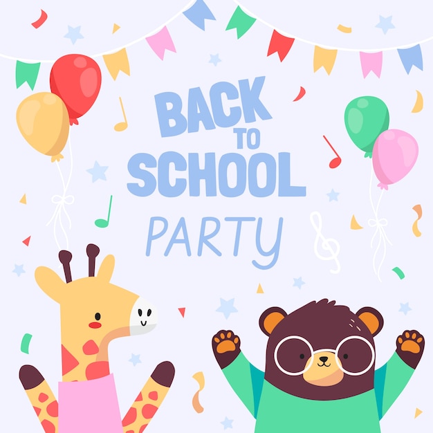 Flat back to school party illustration with animals and balloons