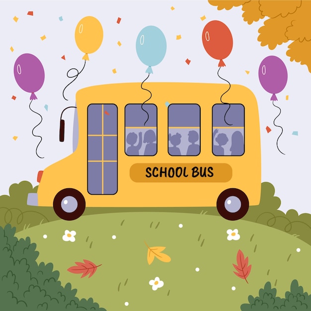 Flat back to school party illustration with bus and balloons