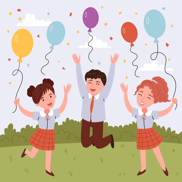 Flat back to school party illustration with kids and balloons