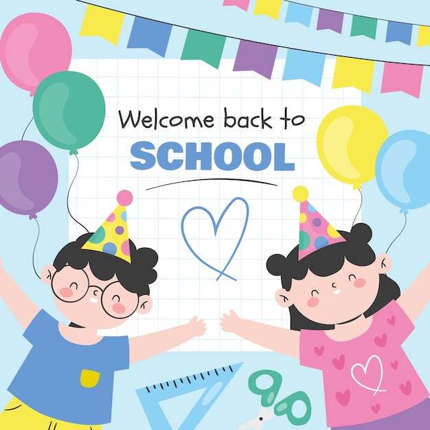 Flat back to school party illustration with kids and balloons