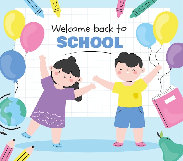 Flat back to school party illustration with kids and balloons