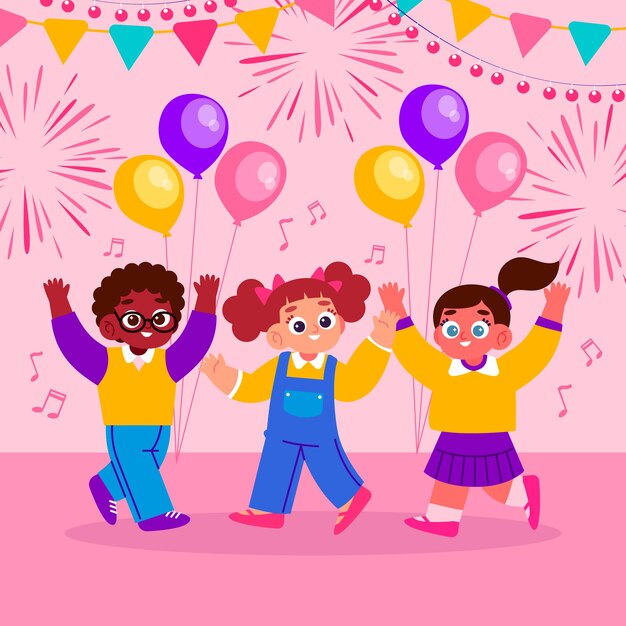 Flat back to school party illustration with kids celebrating