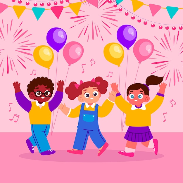 Flat back to school party illustration with kids celebrating