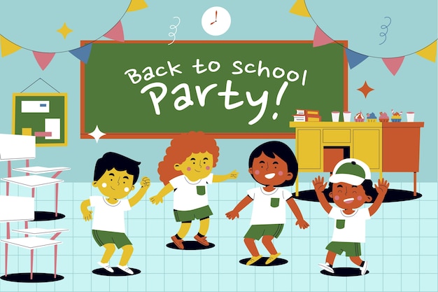 Flat back to school party illustration with kids celebrating