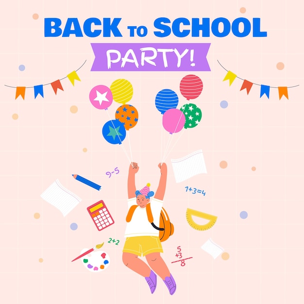 Flat back to school party illustration with student and balloons