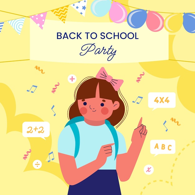 Free Vector flat back to school party illustration with student and balloons