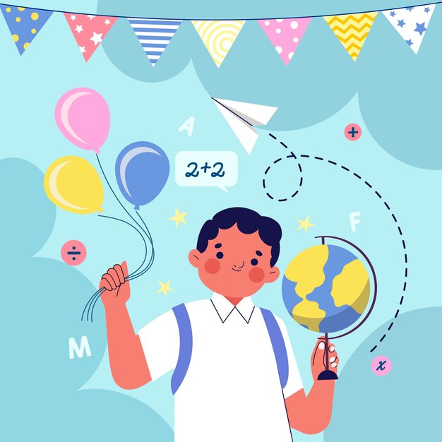 Flat back to school party illustration with student holding balloons and globe