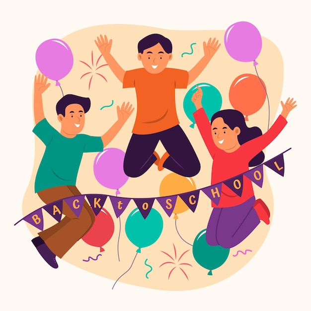 Flat back to school party illustration with students celebrating