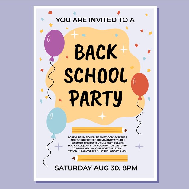 Flat back to school party poster template with balloons and confetti