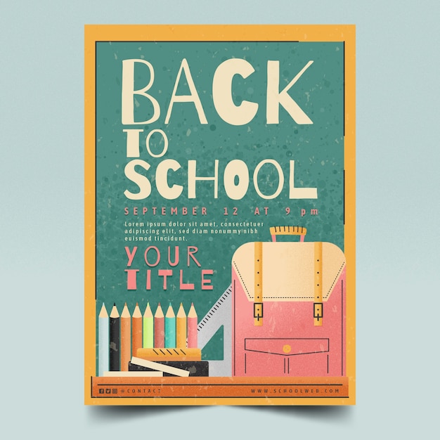 Free vector flat back to school party poster template with bookbag and pencils