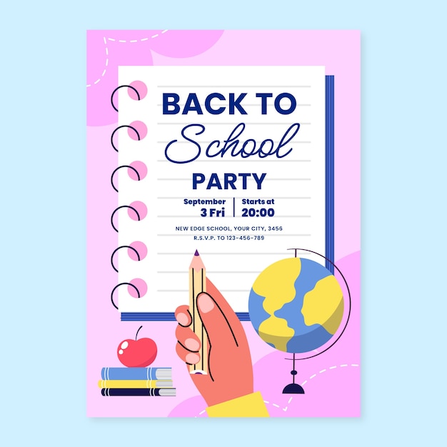 Flat back to school party poster template with notepad and hand holding pencil