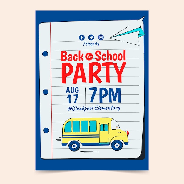 Flat back to school party poster template with school bus