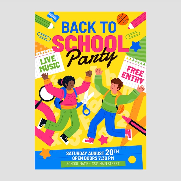 Flat back to school party poster template with students celebrating