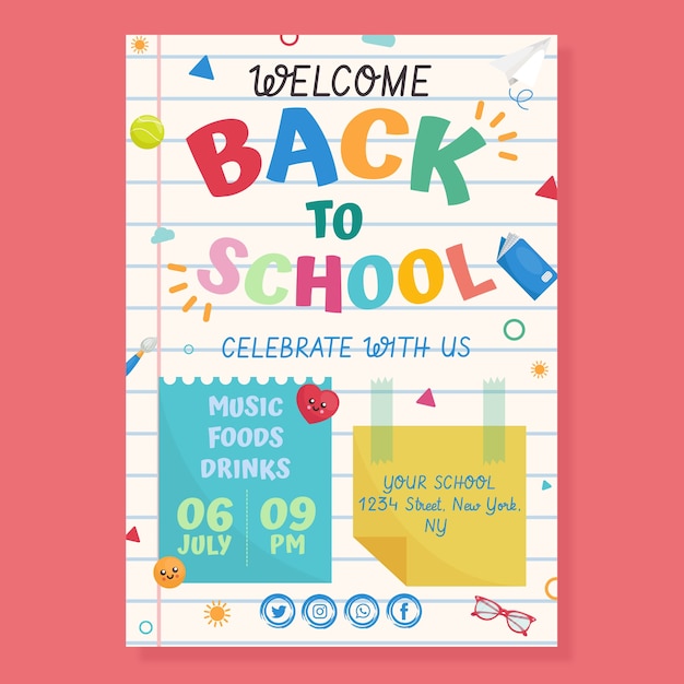 Flat back to school party vertical poster template