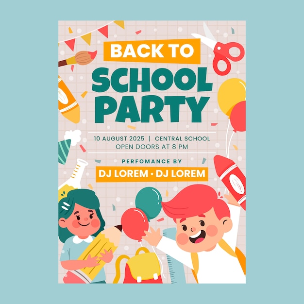 Flat back to school party vertical poster template