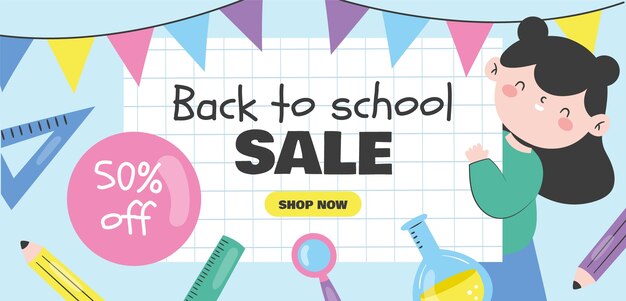 Flat back to school sale banner template with supplies and student