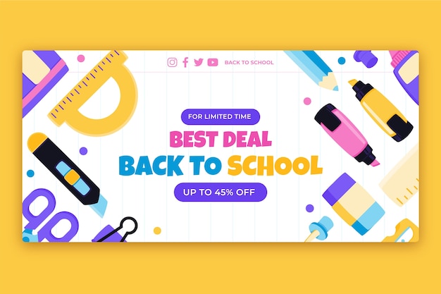 Flat back to school sale banner template with supplies