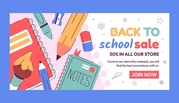 Flat back to school sale horizontal banner template with supplies