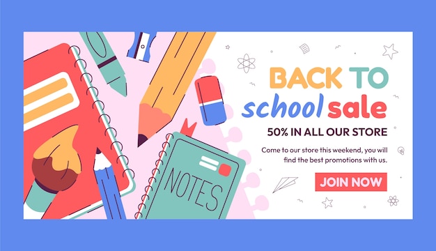 Flat back to school sale horizontal banner template with supplies