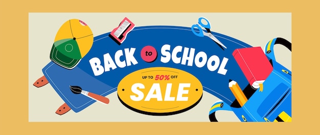 Flat back to school sale horizontal banner template with supplies