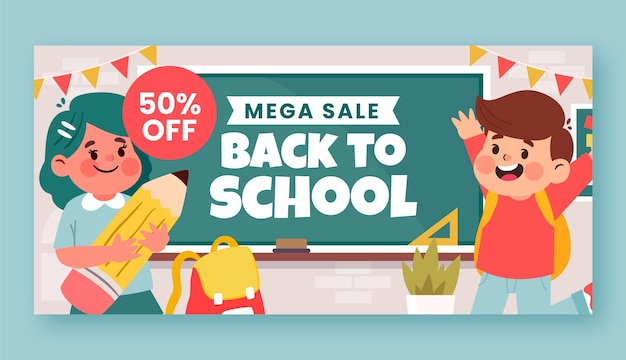 Flat back to school sale horizontal banner template with teacher and student