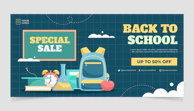 Flat back to school sale horizontal banner template