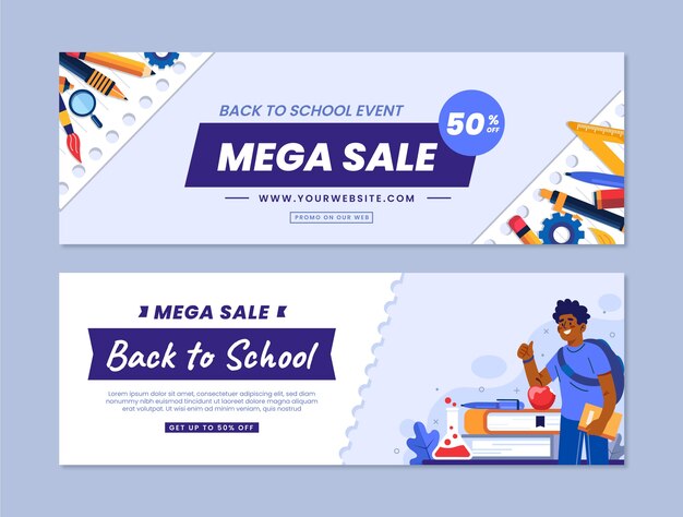 Flat back to school sale horizontal banners set with student and supplies