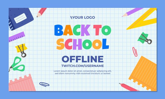 Flat back to school twitch background with school supplies