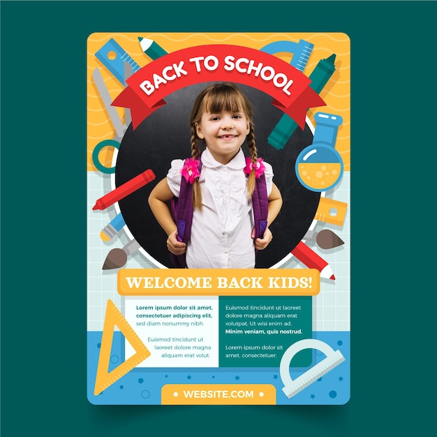 Flat back to school vertical poster template with photo