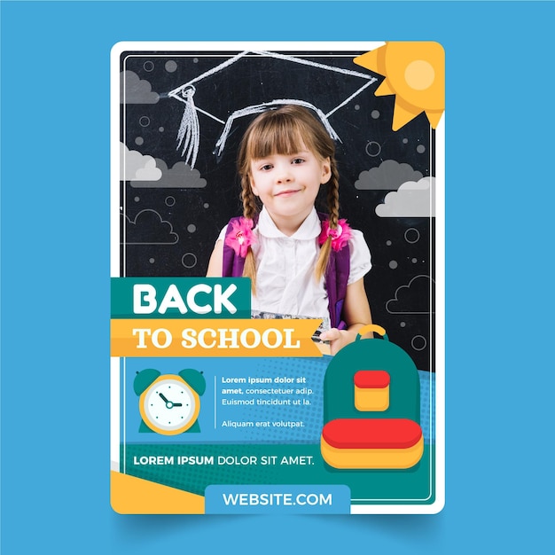 Flat back to school vertical poster template with photo