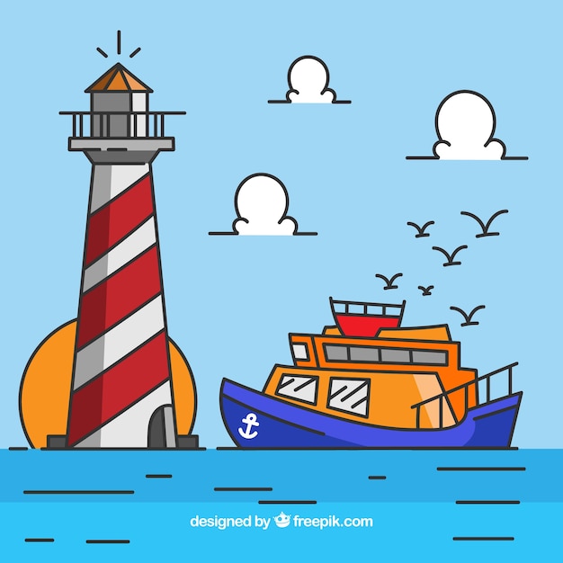 Flat background of boat and lighthouse