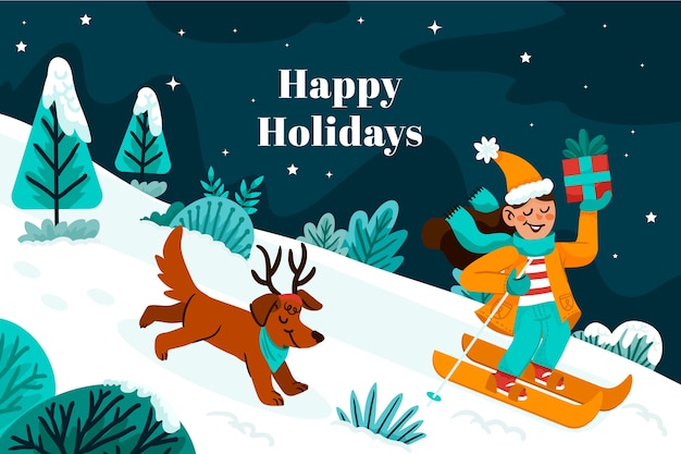 Free Vector flat background for christmas season celebration with person skiing with dog