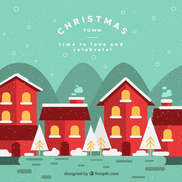 Free Vector flat background of a christmas town with red houses