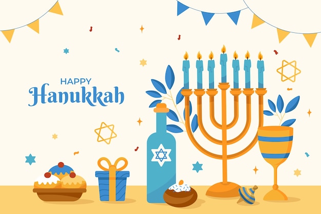 Free Vector flat background for hanukkah celebration with menorah and wine bottle