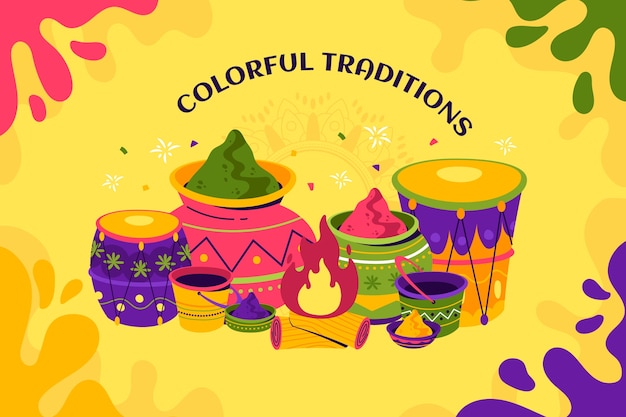 Flat background for holi festival celebration