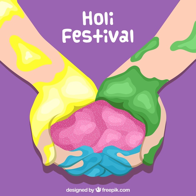 Flat background for holi festival with hands