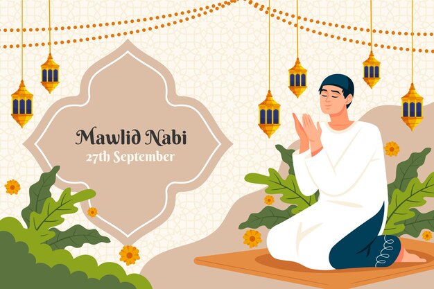 Flat background for islamic mawlid al-nabi holiday celebration