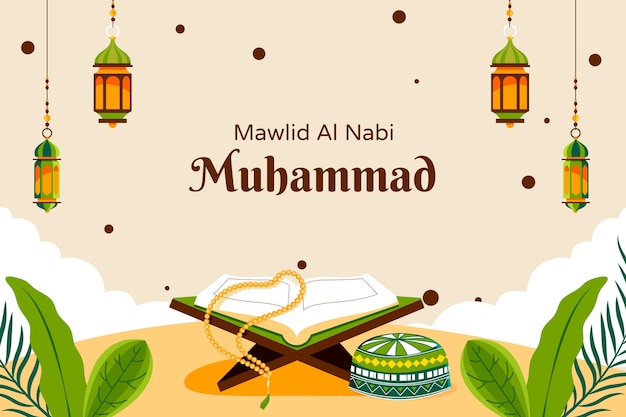 Flat background for islamic mawlid al-nabi holiday celebration