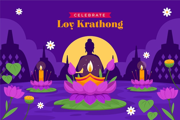 Free Vector flat background for loy krathong celebration with candles on lotus flowers