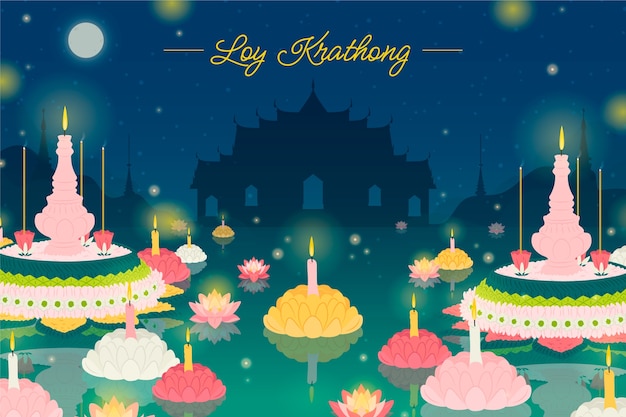 Flat background for loy krathong thai festival celebration