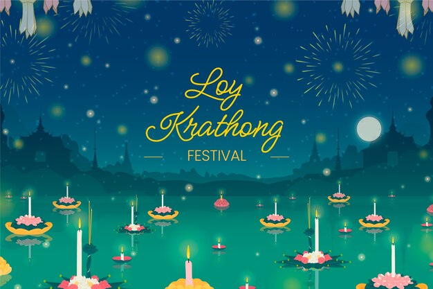 Flat background for loy krathong thai festival celebration