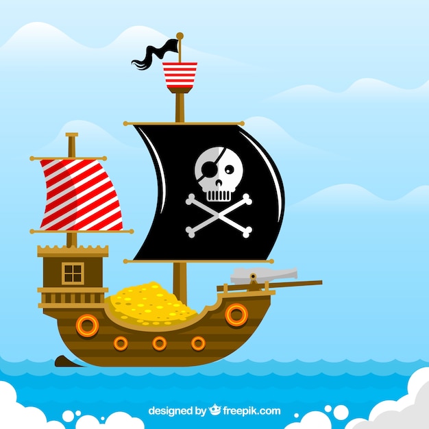 Free Vector flat background of pirate ship full of gold coins