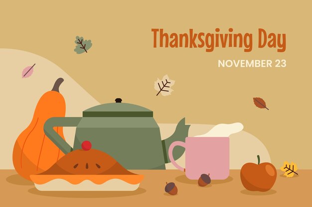 Flat background for thanksgiving celebration with pie and teapot