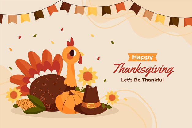 Flat background for thanksgiving with turkey and pilgrim hat