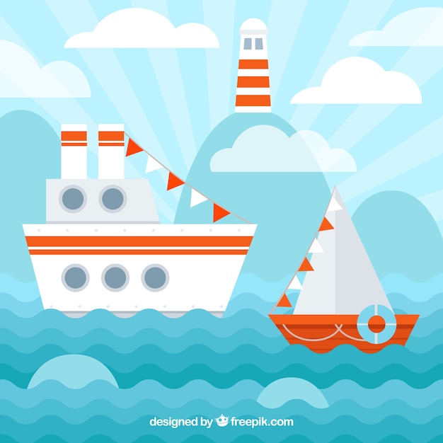 Flat background with boats and lighthouse