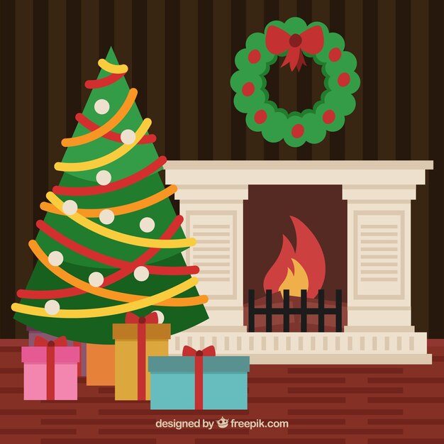 Flat background with a christmas fireplace scene