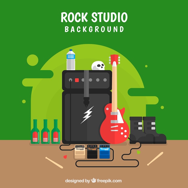 Flat background with electric guitar and amplifier