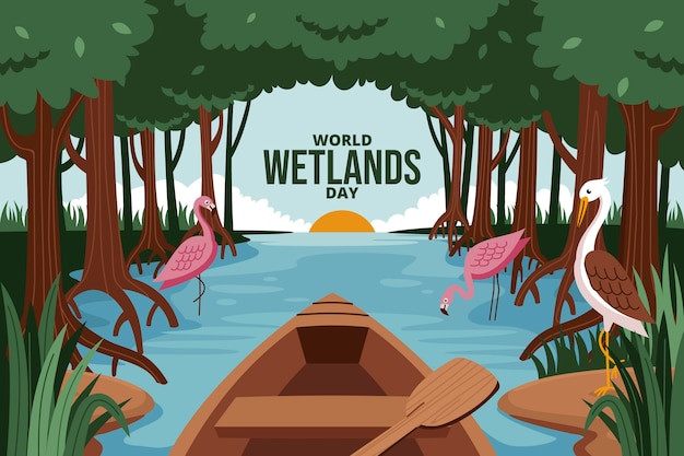 Free Vector flat background for world wetlands day with flora and fauna