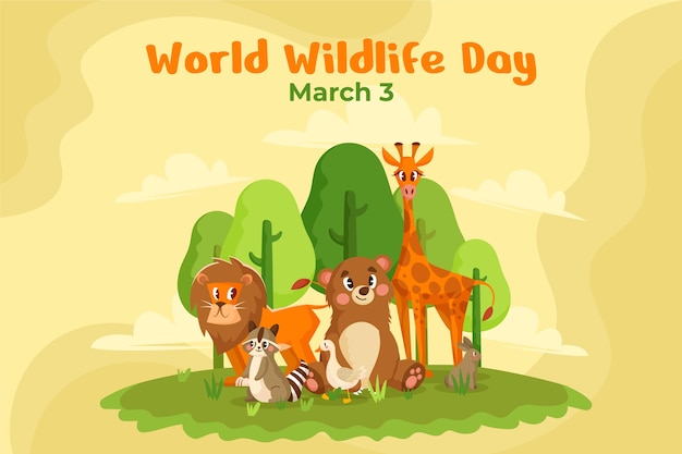 Flat background for world wildlife day with flora and fauna